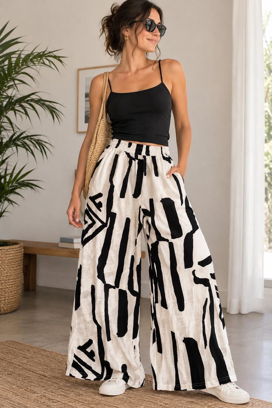 Wide-Leg Pants – Unique Print Draped Style - Size Large